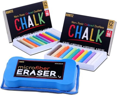 Huntz Dustless Chalk With Microfiber Eraser (Washable & Reusable) (12 White Chalks + 12 Colored Chalks + Eraser)