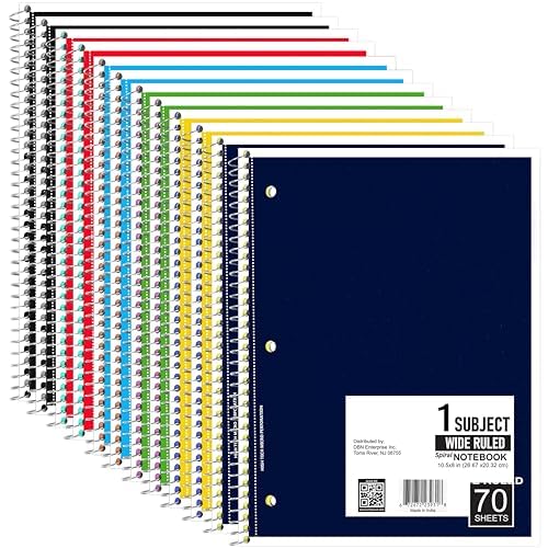 Spiral Notebook, Wide Ruled Notebooks (6 Pack), 70 Sheets, Single Subject, Notebooks Bulk, 6 Color Assortment, 3 Hole Perforated Sheets (6, Wide Ruled)