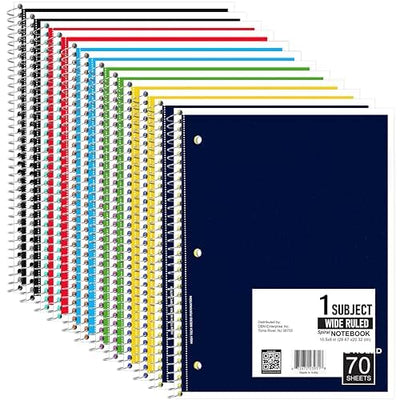 Spiral Notebook, Wide Ruled Notebooks (6 Pack), 70 Sheets, Single Subject, Notebooks Bulk, 6 Color Assortment, 3 Hole Perforated Sheets (6, Wide Ruled)