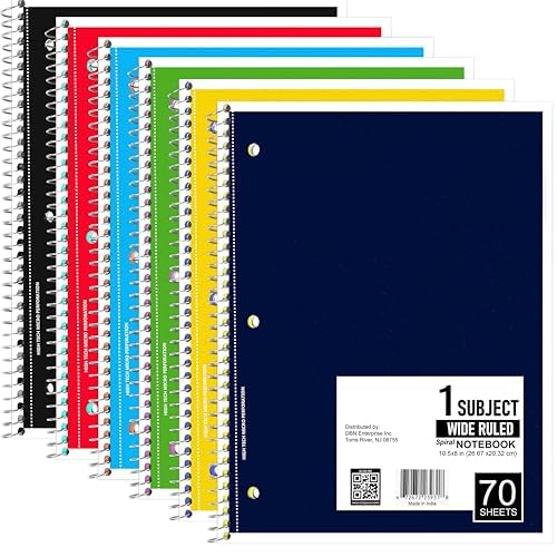 Spiral Notebook, Wide Ruled Notebooks (6 Pack), 70 Sheets, Single Subject, Notebooks Bulk, 6 Color Assortment, 3 Hole Perforated Sheets (6, Wide Ruled)