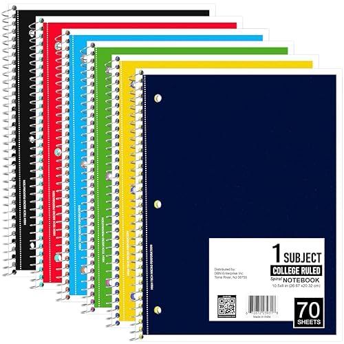 Spiral Notebook, Wide Ruled Notebooks (6 Pack), 70 Sheets, Single Subject, Notebooks Bulk, 6 Color Assortment, 3 Hole Perforated Sheets (6, Wide Ruled)