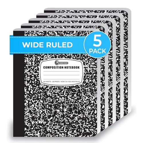 Composition Notebook Wide Ruled 5 Pack, 200 Pages (100 Sheets), 9-3/4 x 7-1/2, Back to School Supplies, Notebooks for School, Office Supplies, Notebooks for Work, The Notebook for Note Taking