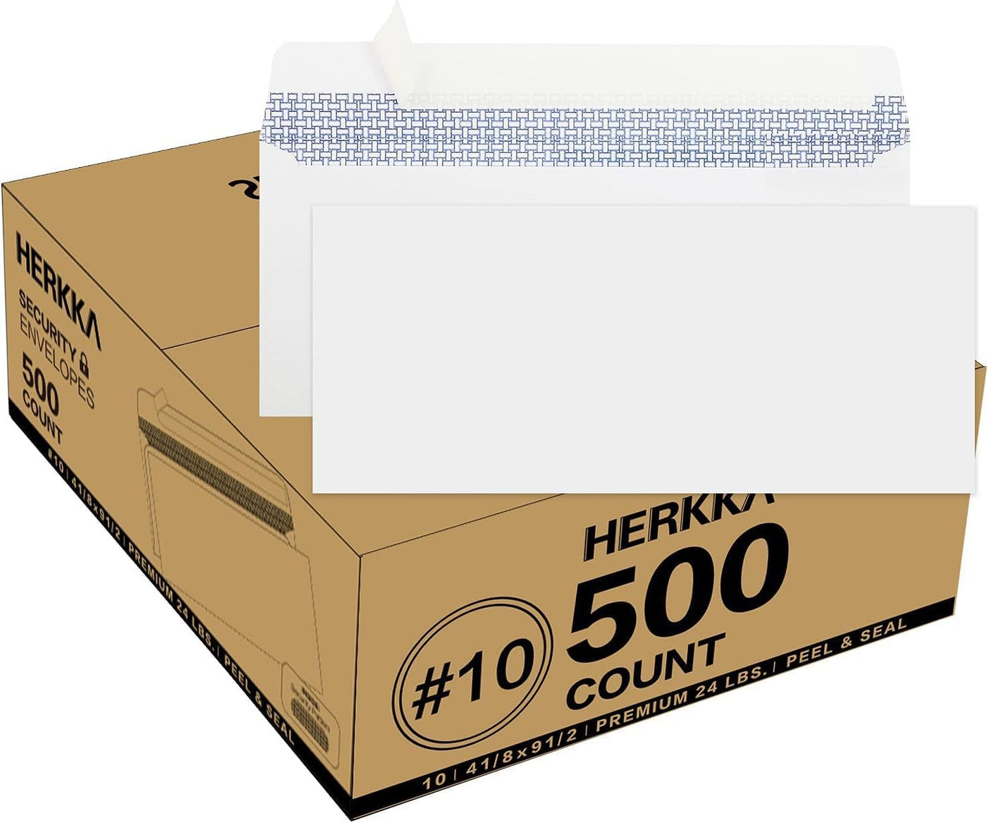 HERKKA #10 Security Self-Seal Envelopes, No.10 Windowless Bussiness Envelopes, Security Tinted with Printer Friendly Design - Size 4-1/8 x 9-1/2 Inch - White - 24 LB - 500 Pack