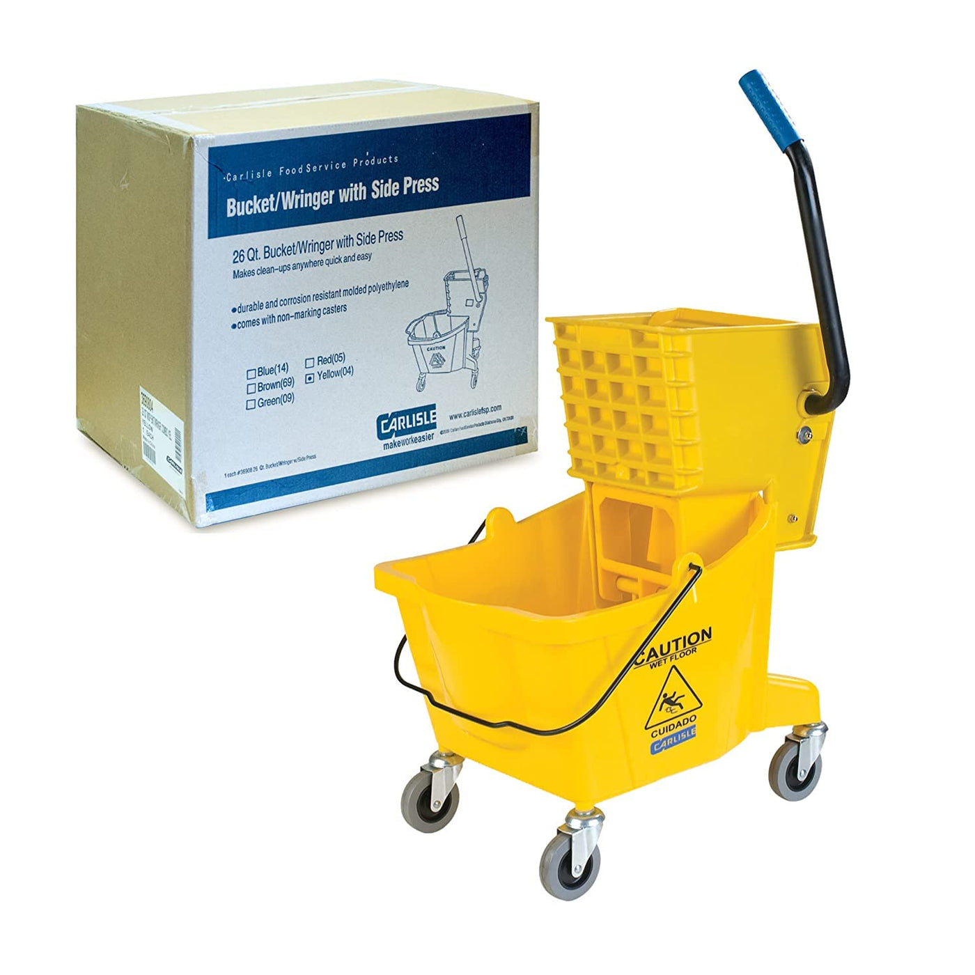 Carlisle FoodService Products Mop Bucket with Side-Press Wringer for Floor Cleaning, Restaurants, Offices, And Janitorial Use, Polyproylene, 26 Quarts, Yellow