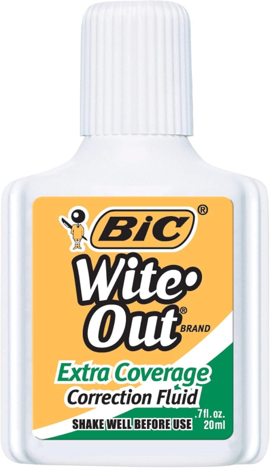 BIC Wite-Out Extra Coverage Correction Fluid, 0.7 ounces Bottle, White,(WOFEC12WE)