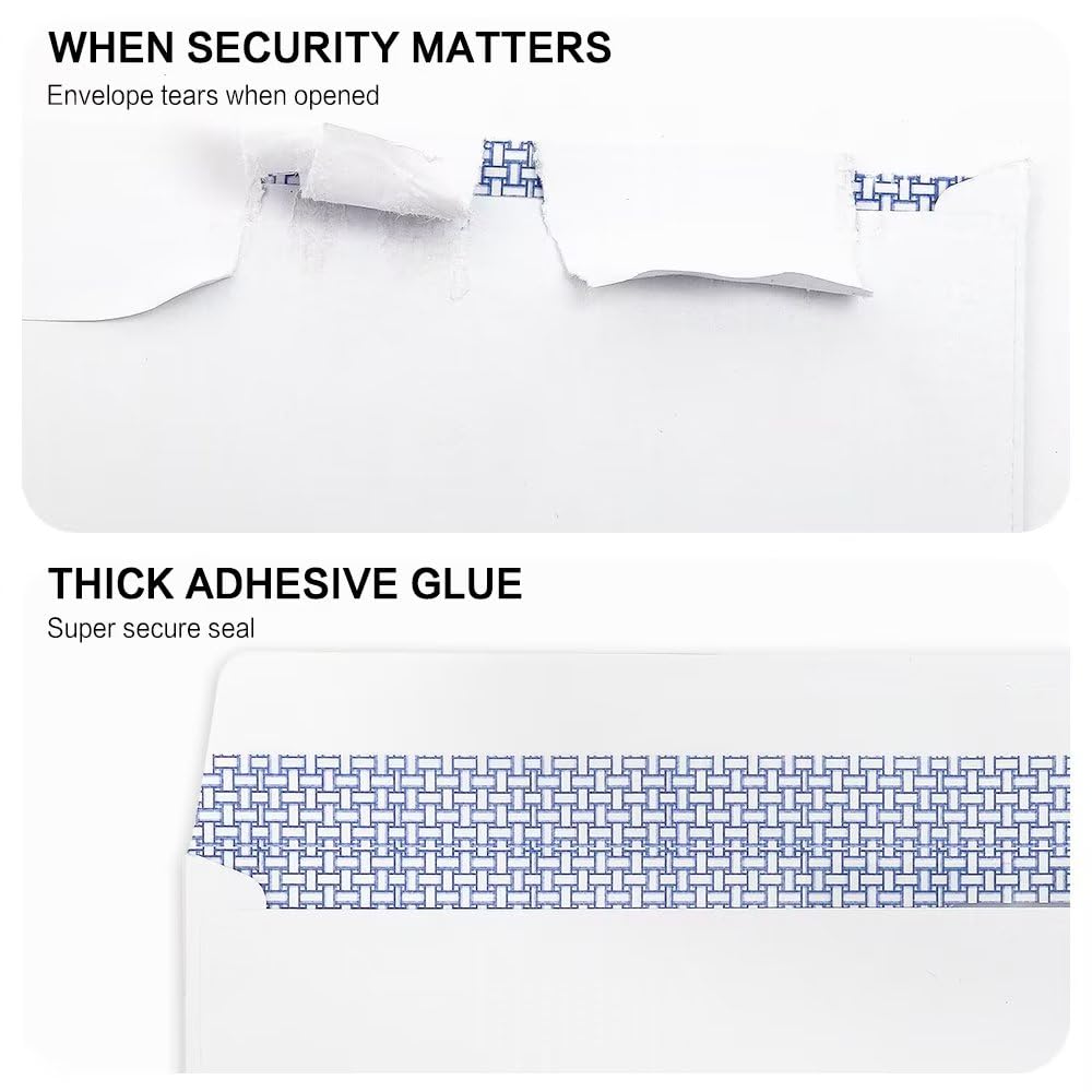 HERKKA #10 Security Self-Seal Envelopes, No.10 Windowless Bussiness Envelopes, Security Tinted with Printer Friendly Design - Size 4-1/8 x 9-1/2 Inch - White - 24 LB - 500 Pack