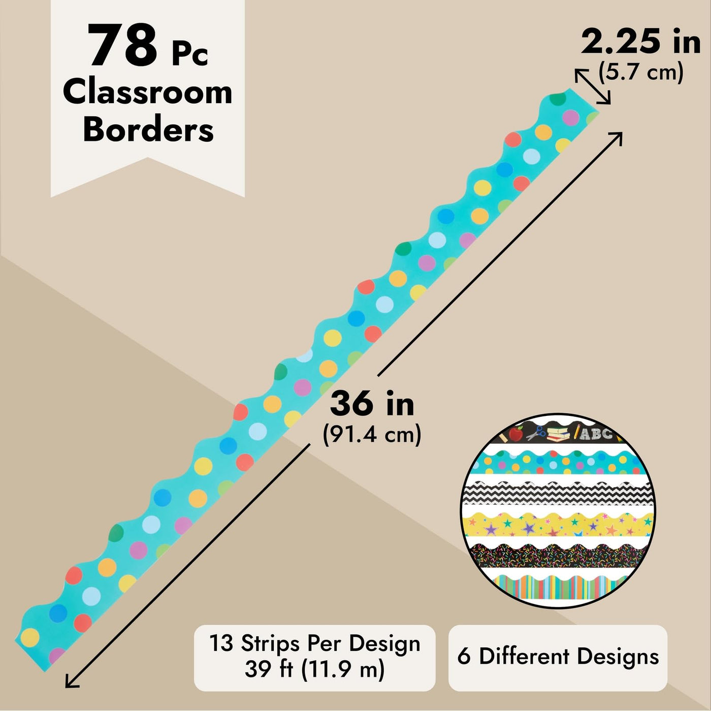 Juvale 234 Feet of Scalloped Bulletin Board Borders in 6 Rolls - Trim for Classroom Whiteboard, Chalkboard, School Decor, 6 Assorted Cute Designs for Teacher Supplies (78 Pieces)