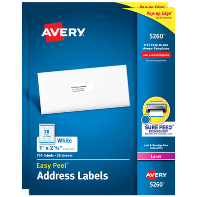 Avery Easy Peel Printable Address Labels with Sure Feed, 1" x 2-5/8", White, 3,000 Blank Mailing Labels (05160)