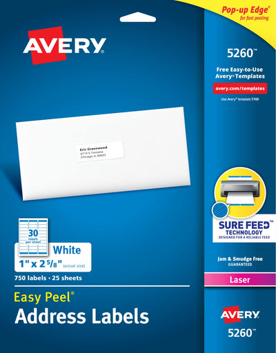 Avery Easy Peel Printable Address Labels with Sure Feed, 1" x 2-5/8", White, 3,000 Blank Mailing Labels (05160)