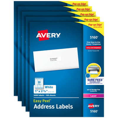 Avery Easy Peel Printable Address Labels with Sure Feed, 1" x 2-5/8", White, 3,000 Blank Mailing Labels (05160)