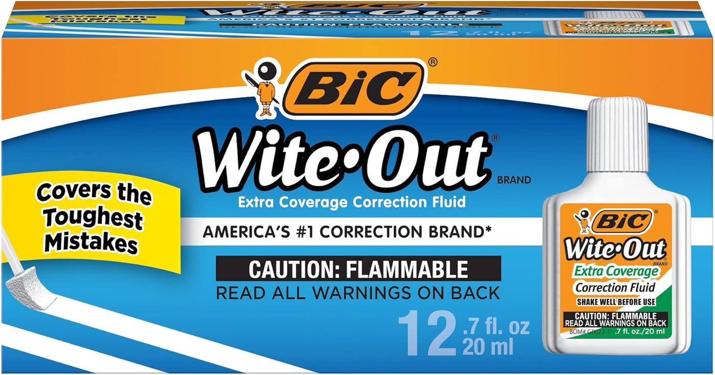 BIC Wite-Out Extra Coverage Correction Fluid, 0.7 ounces Bottle, White,(WOFEC12WE)