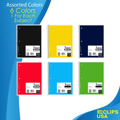 Spiral Notebook, Wide Ruled Notebooks (6 Pack), 70 Sheets, Single Subject, Notebooks Bulk, 6 Color Assortment, 3 Hole Perforated Sheets (6, Wide Ruled)