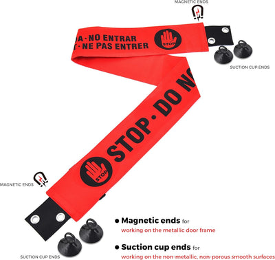 Do Not Enter Sign with Magnetic Ends, Additional Suction Cup Ends, Red Warning Sign for Easy Mounting on Metal Door Frame, No Entry Door Barricade Barrier. English, French & Spanish (2 Pack)