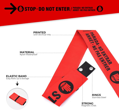 Do Not Enter Sign with Magnetic Ends, Additional Suction Cup Ends, Red Warning Sign for Easy Mounting on Metal Door Frame, No Entry Door Barricade Barrier. English, French & Spanish (2 Pack)