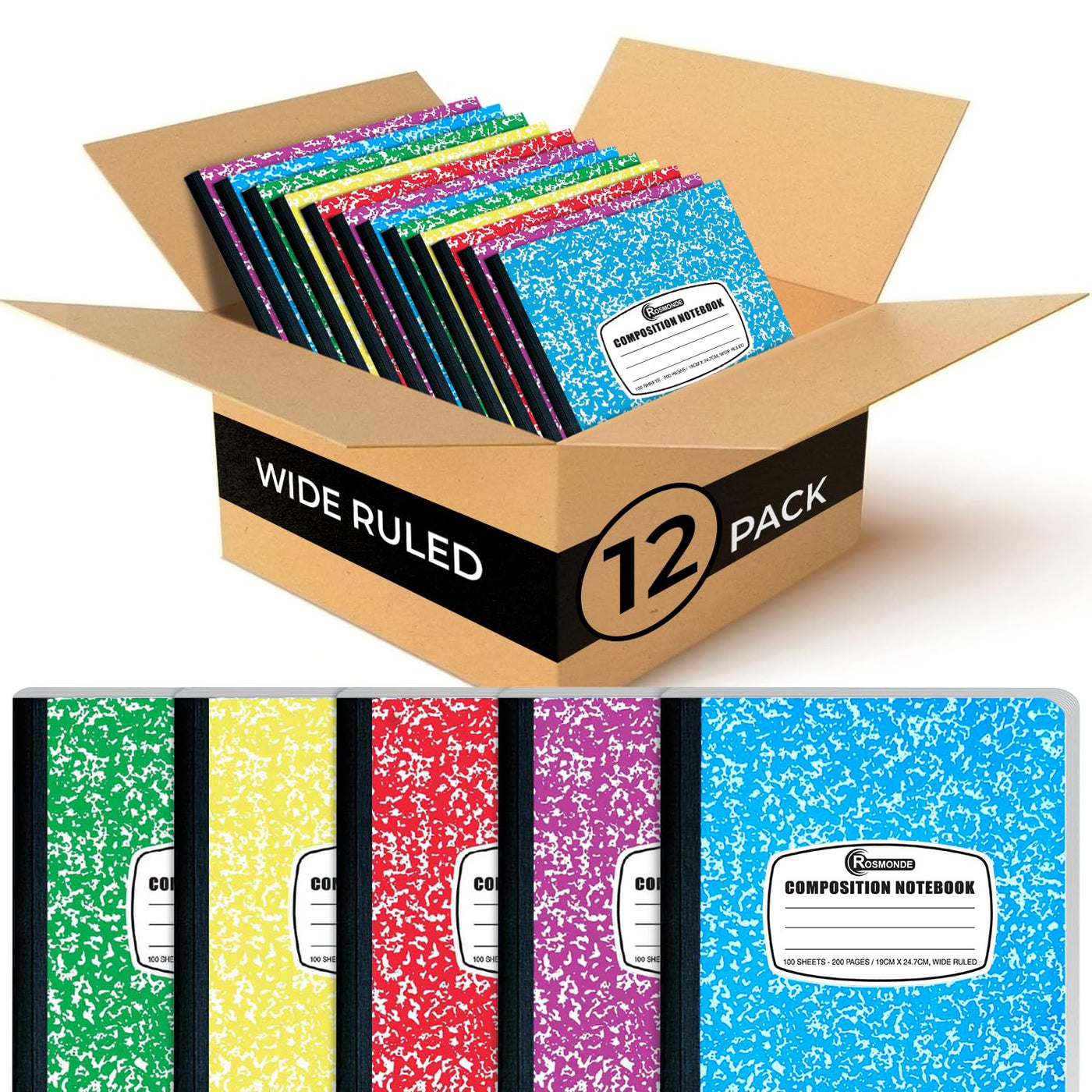 Composition Notebook Wide Ruled 5 Pack, 200 Pages (100 Sheets), 9-3/4 x 7-1/2, Back to School Supplies, Notebooks for School, Office Supplies, Notebooks for Work, The Notebook for Note Taking