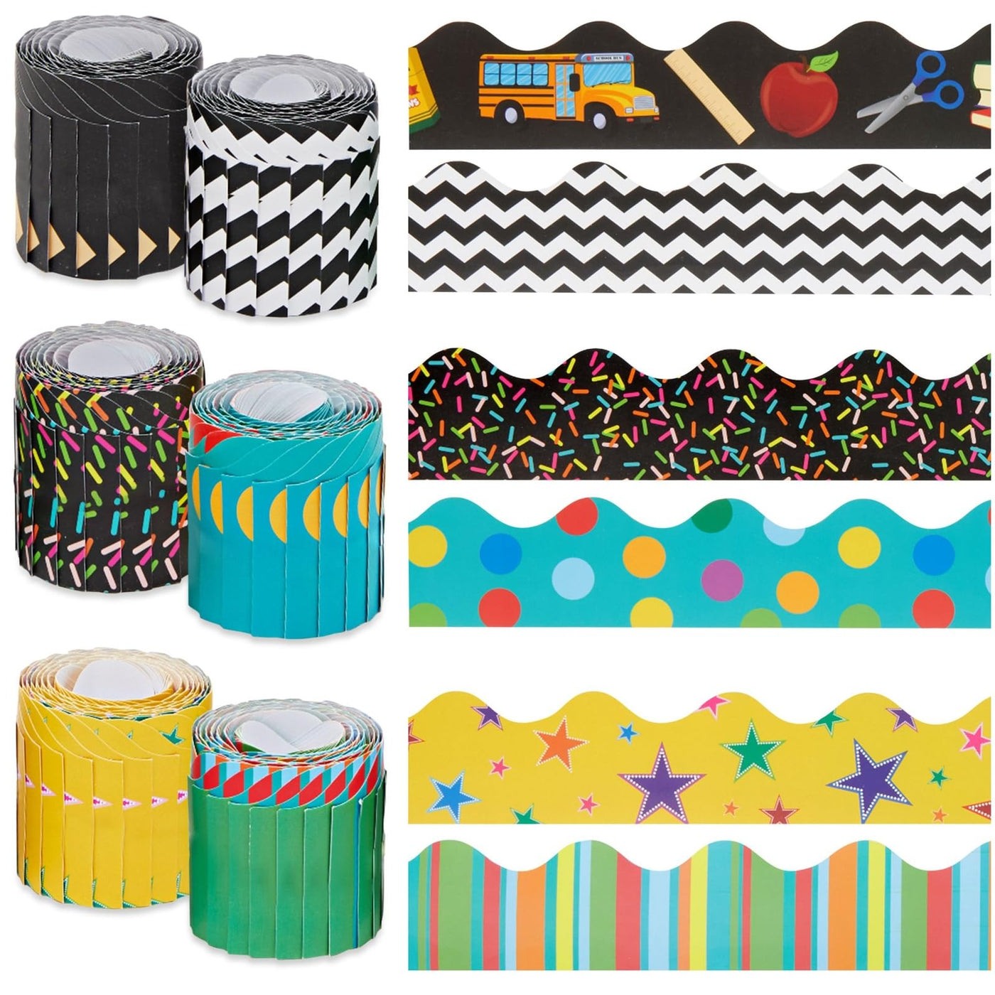 Juvale 234 Feet of Scalloped Bulletin Board Borders in 6 Rolls - Trim for Classroom Whiteboard, Chalkboard, School Decor, 6 Assorted Cute Designs for Teacher Supplies (78 Pieces)