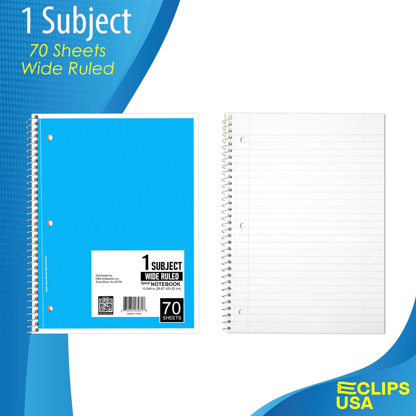 Spiral Notebook, Wide Ruled Notebooks (6 Pack), 70 Sheets, Single Subject, Notebooks Bulk, 6 Color Assortment, 3 Hole Perforated Sheets (6, Wide Ruled)