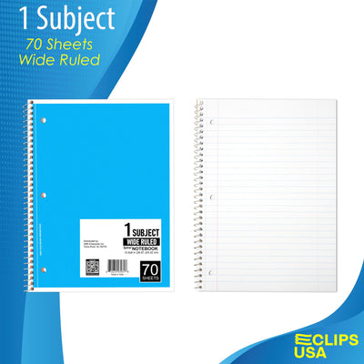 Spiral Notebook, Wide Ruled Notebooks (6 Pack), 70 Sheets, Single Subject, Notebooks Bulk, 6 Color Assortment, 3 Hole Perforated Sheets (6, Wide Ruled)