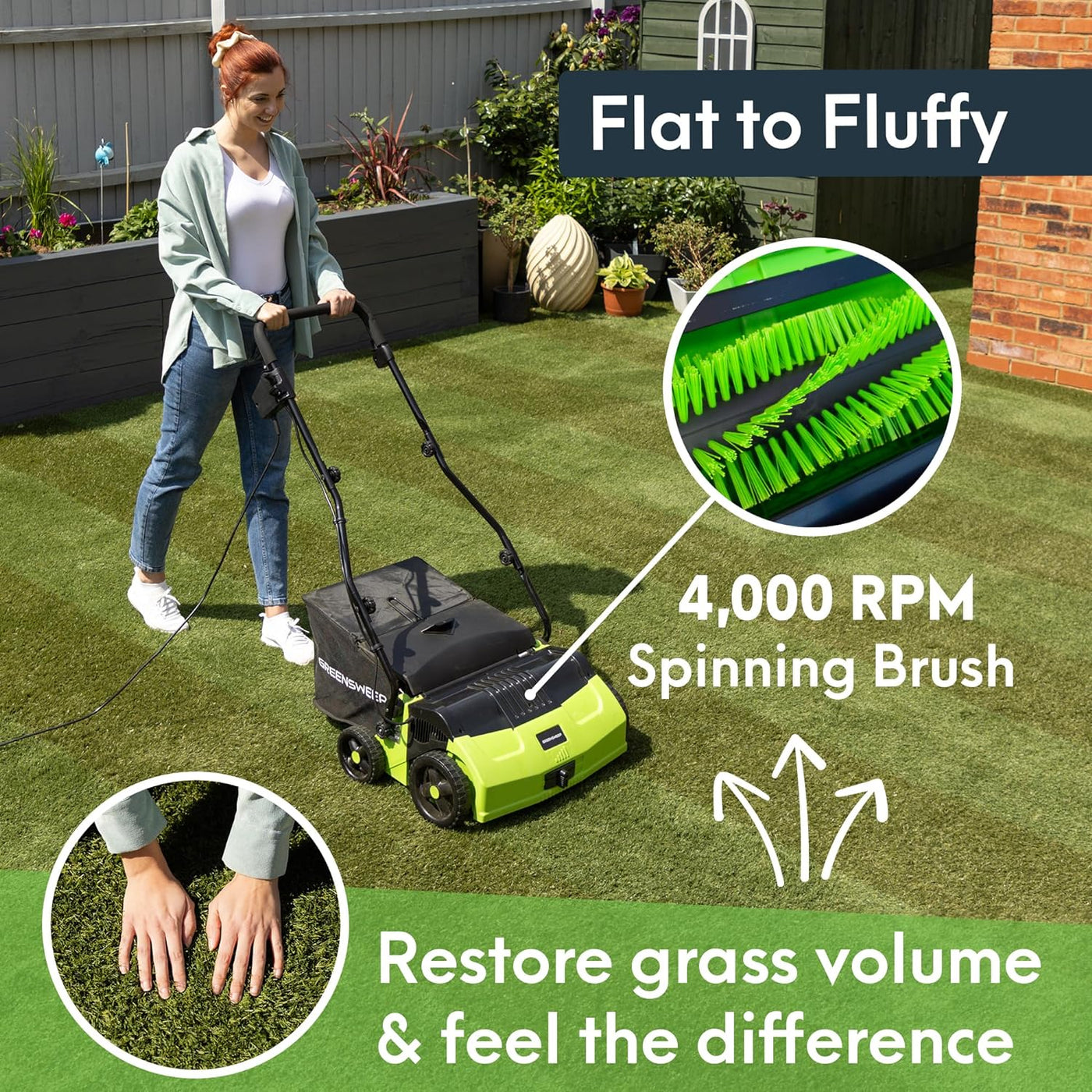 GreenSweep V2 - Artificial Grass Electric Sweeper Rake Vacuum 45L Collection Bag,5 Adjustable Heights, Foldable Handle