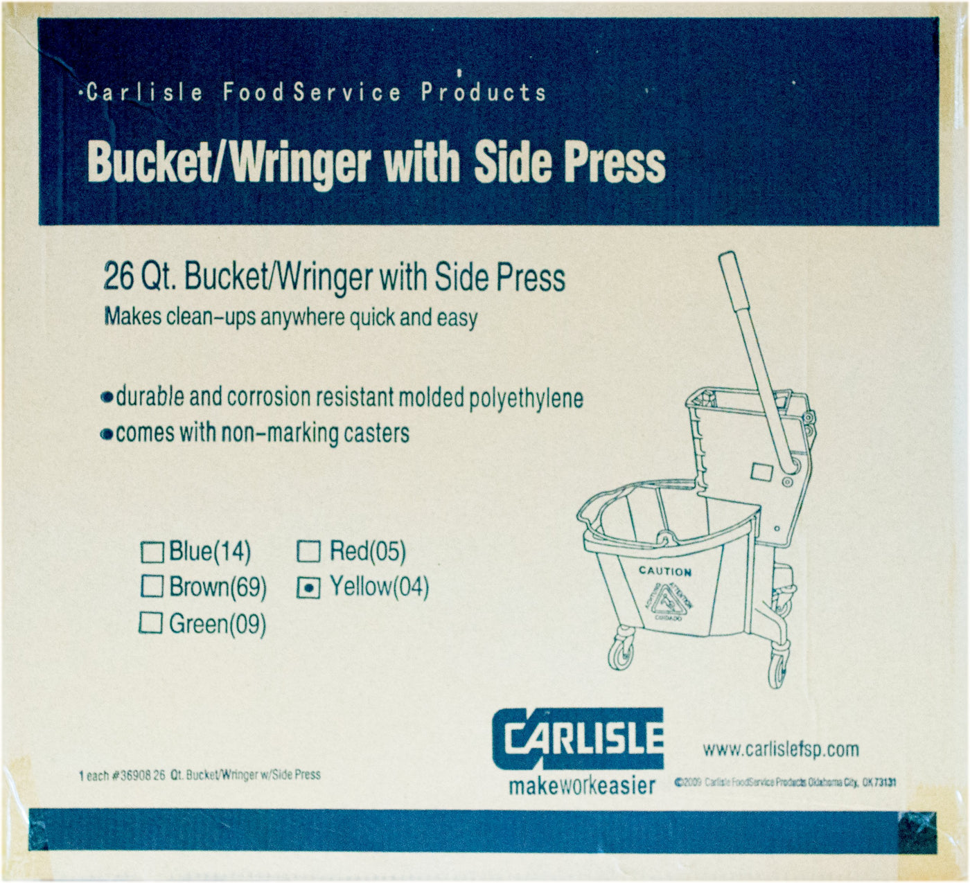 Carlisle FoodService Products Mop Bucket with Side-Press Wringer for Floor Cleaning, Restaurants, Offices, And Janitorial Use, Polyproylene, 26 Quarts, Yellow