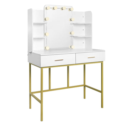 White Gold Vanity Desk Modern Dresser Dressing Table with Mirror Makeup Table with LED Lighting 2 Drawers Household Bedroom - SECURE DISTRIBUTORS