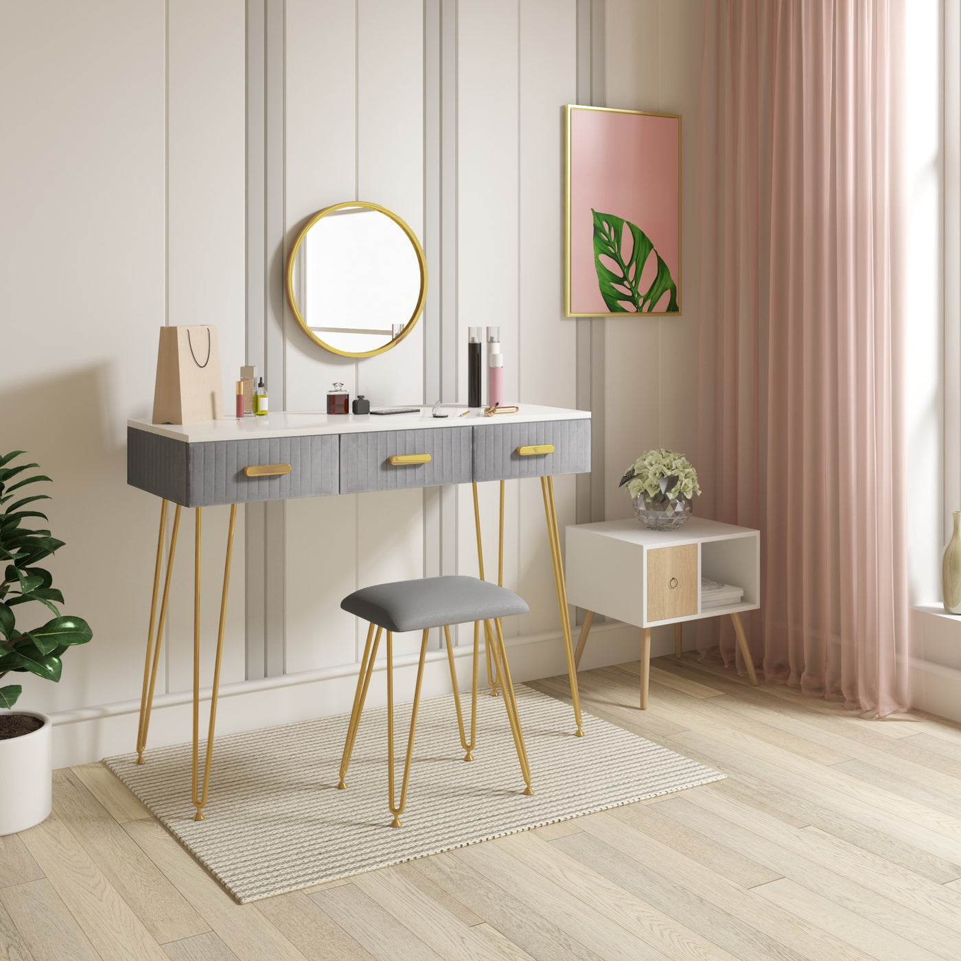 Modern Dresser Dressing Table with Stool Mirror Drawers Cosmetic Table for Bedroom Pink/Grey Makeup Vanity Table Home Furniture - SECURE DISTRIBUTORS