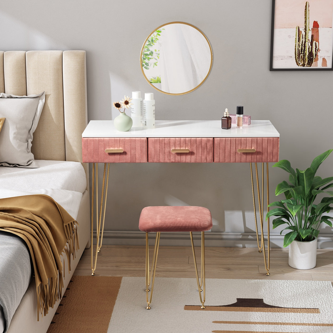 Modern Dresser Dressing Table with Stool Mirror Drawers Cosmetic Table for Bedroom Pink/Grey Makeup Vanity Table Home Furniture - SECURE DISTRIBUTORS