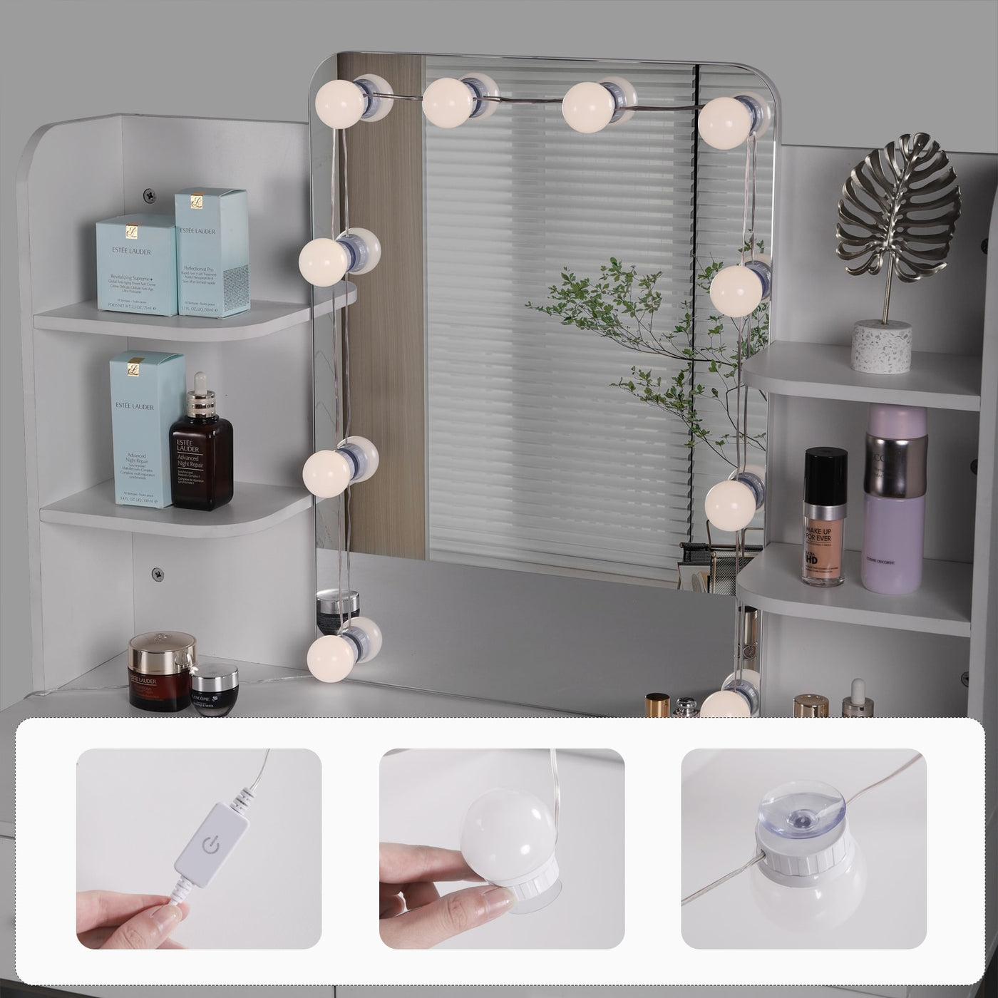White Gold Vanity Desk Modern Dresser Dressing Table with Mirror Makeup Table with LED Lighting 2 Drawers Household Bedroom - SECURE DISTRIBUTORS