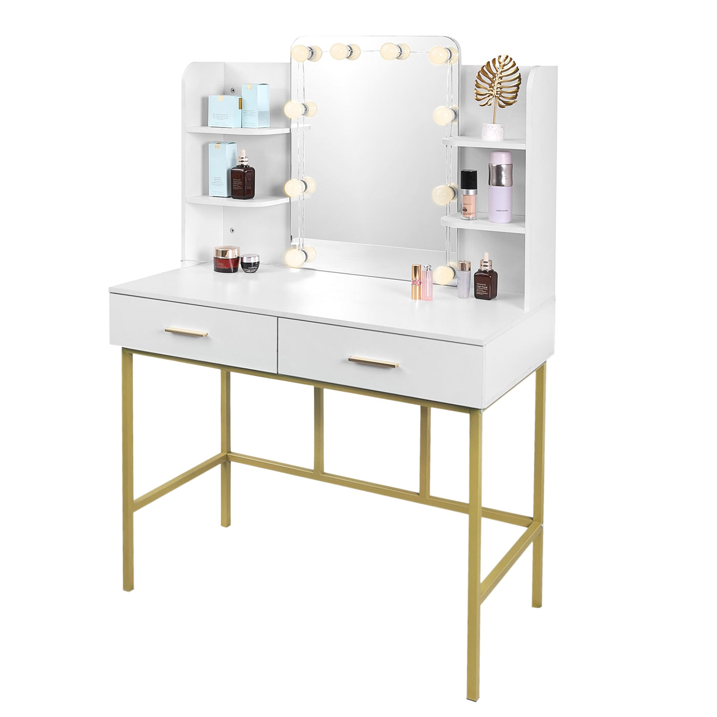White Gold Vanity Desk Modern Dresser Dressing Table with Mirror Makeup Table with LED Lighting 2 Drawers Household Bedroom - SECURE DISTRIBUTORS
