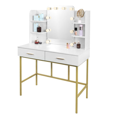 White Gold Vanity Desk Modern Dresser Dressing Table with Mirror Makeup Table with LED Lighting 2 Drawers Household Bedroom - SECURE DISTRIBUTORS