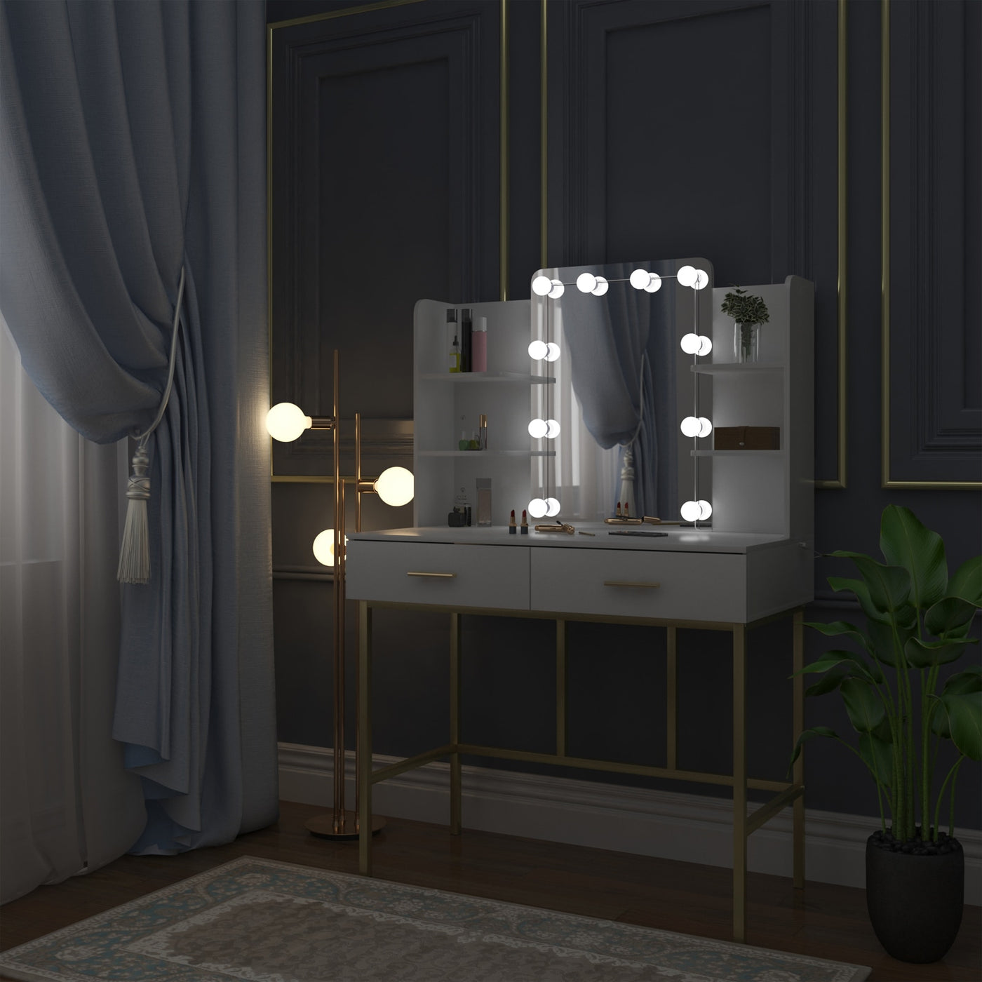 White Gold Vanity Desk Modern Dresser Dressing Table with Mirror Makeup Table with LED Lighting 2 Drawers Household Bedroom - SECURE DISTRIBUTORS