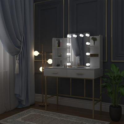 White Gold Vanity Desk Modern Dresser Dressing Table with Mirror Makeup Table with LED Lighting 2 Drawers Household Bedroom - SECURE DISTRIBUTORS