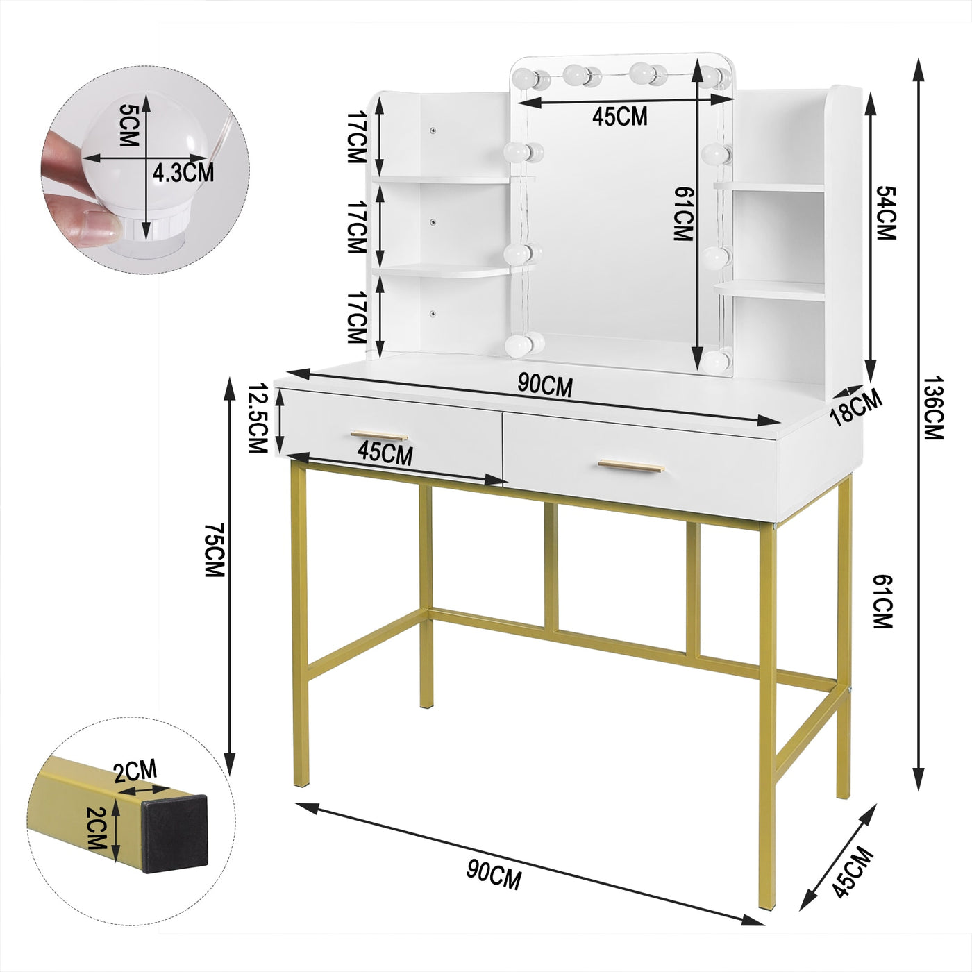White Gold Vanity Desk Modern Dresser Dressing Table with Mirror Makeup Table with LED Lighting 2 Drawers Household Bedroom - SECURE DISTRIBUTORS