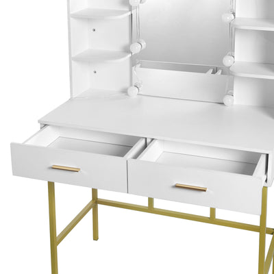 White Gold Vanity Desk Modern Dresser Dressing Table with Mirror Makeup Table with LED Lighting 2 Drawers Household Bedroom - SECURE DISTRIBUTORS