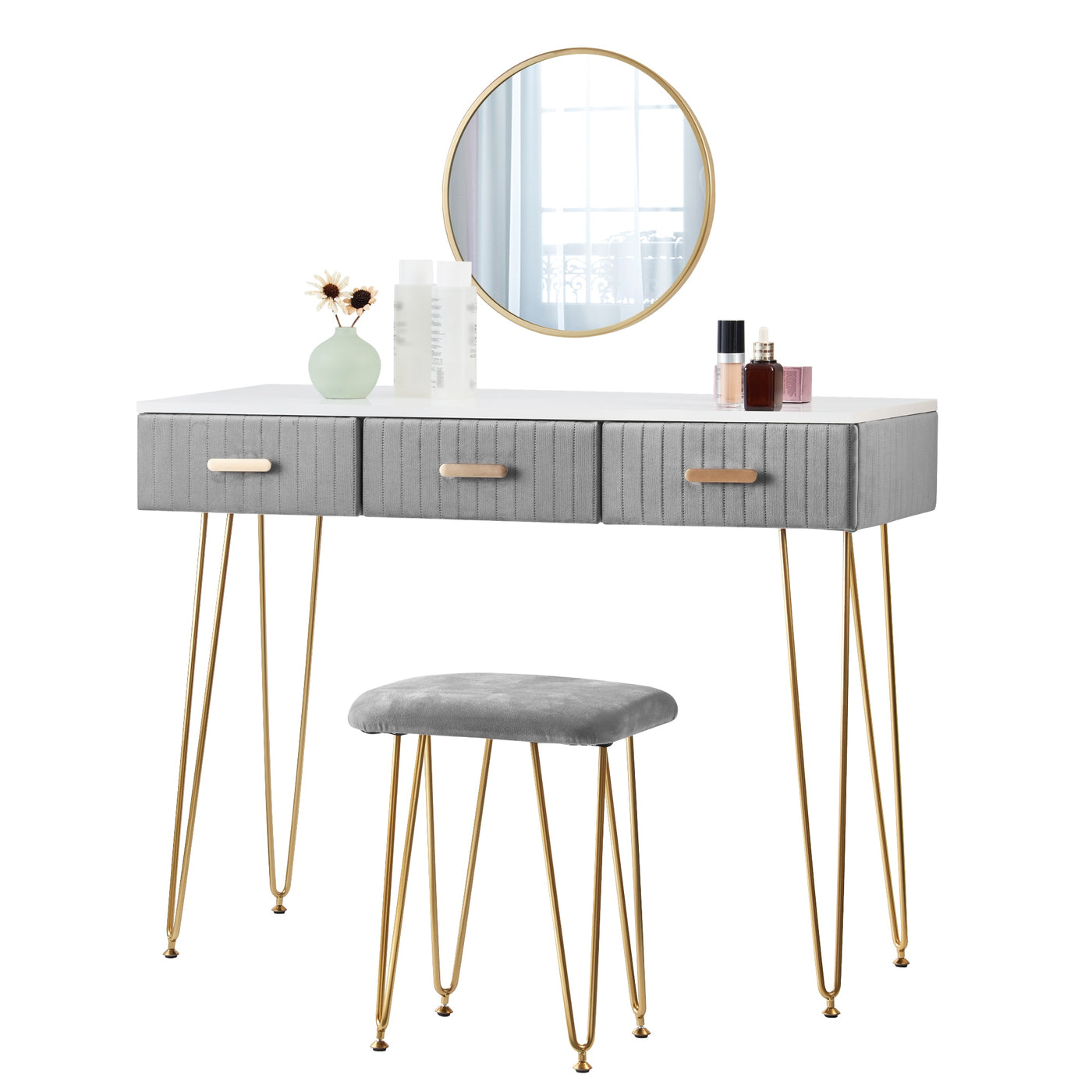 Modern Dresser Dressing Table with Stool Mirror Drawers Cosmetic Table for Bedroom Pink/Grey Makeup Vanity Table Home Furniture - SECURE DISTRIBUTORS