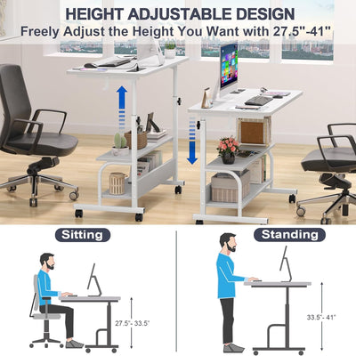 Height Adjustable Standing Desk with Power Outlets, 32" Manual Stand up Desk with Storage Shelves Small Mobile Rolling Computer Desk Portable Laptop Table with Wheels for Home Office, White