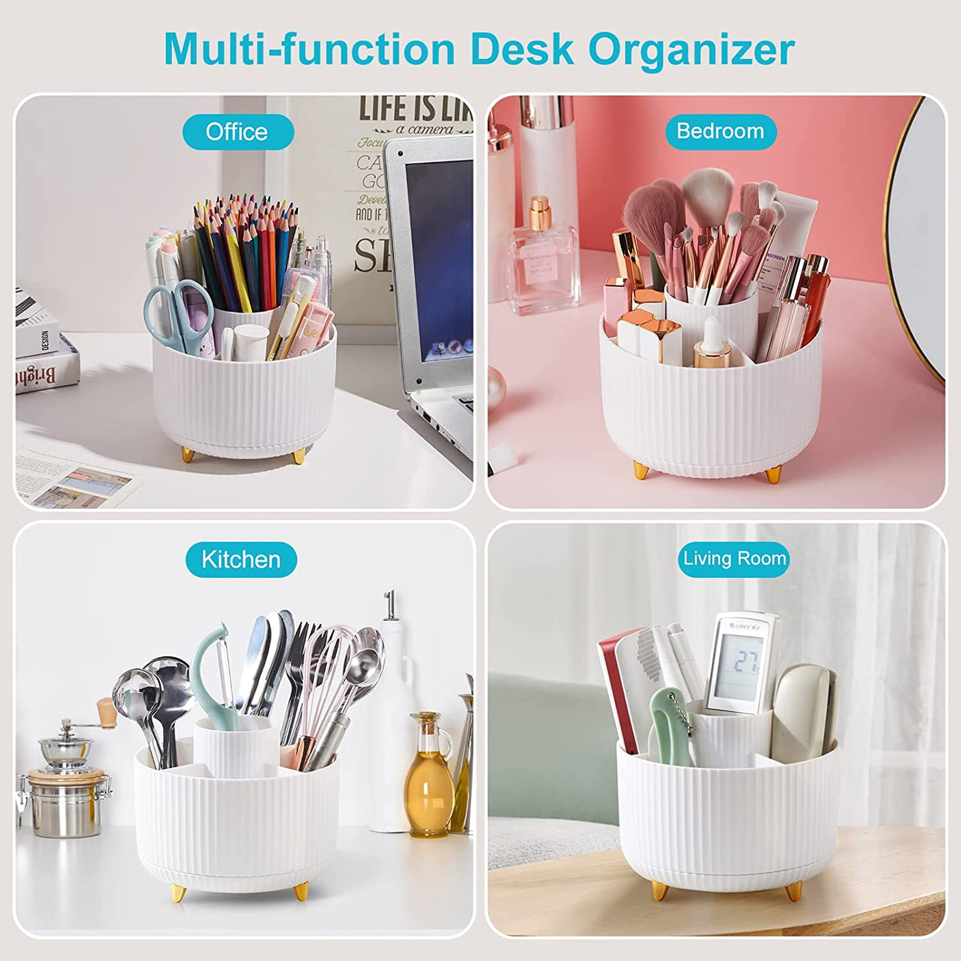 Desk Pencil Pen Holder, 5 Slots 360 Degree Rotating Desk Pen Organizers for Desk Desktop Storage Stationery Supplies Cup Pot for Office School Home Art Supply White