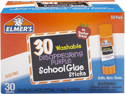 Disappearing Purple School Glue Sticks, Washable, 7 Grams, 30 Count