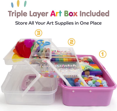 Arts and Crafts Supplies for Kids Girls 4 5 6 7 8 9 10 11 & 12- Ultimate Crafting Supply Set in Portable 3 Layered Plastic Art Box