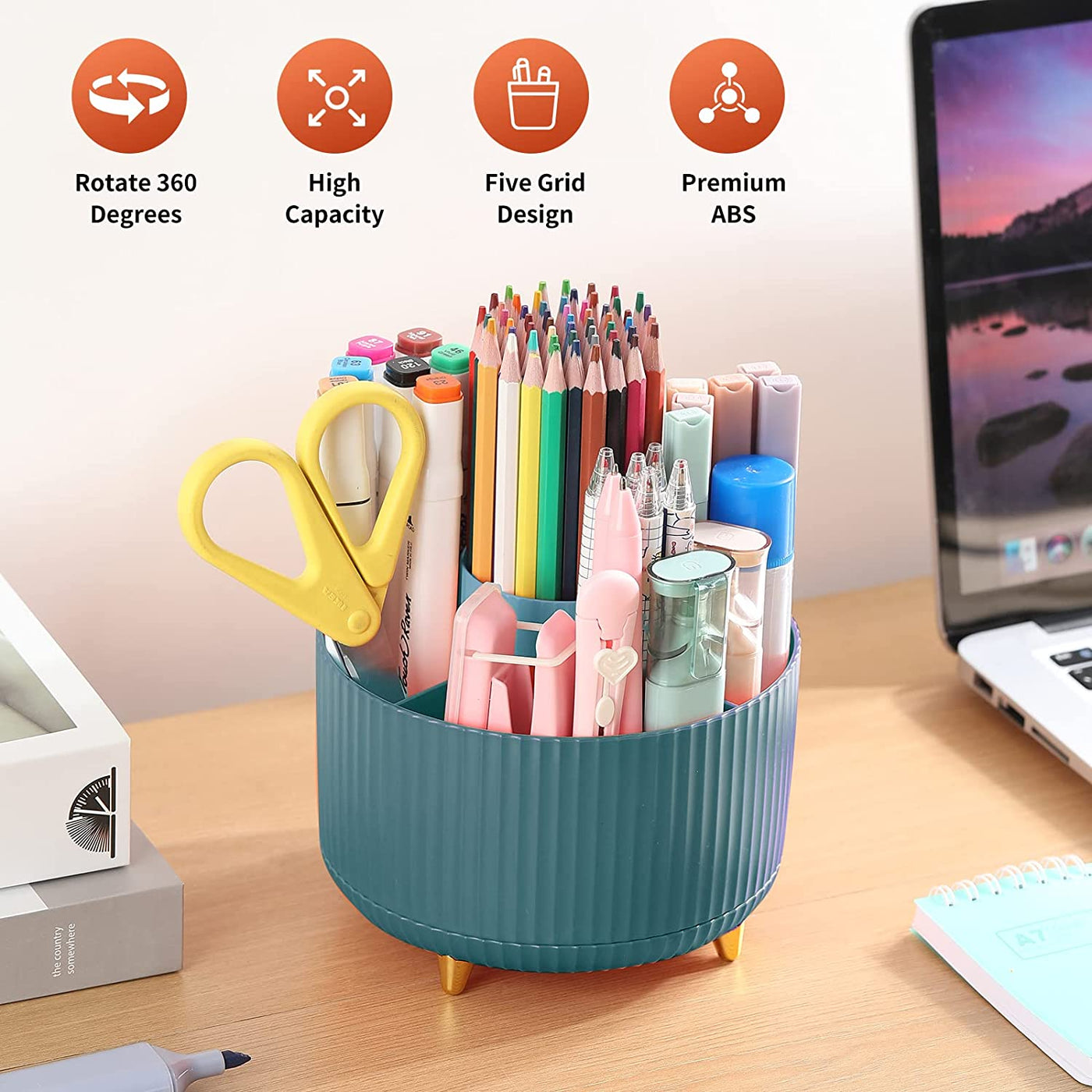 Desk Pencil Pen Holder, 5 Slots 360°Degree Rotating Pen Organizers for Desk, Desktop Storage Stationery Supplies Organizer, Cute Pencil Cup Pot for Office, School, Home, Art Supply, Dark Green