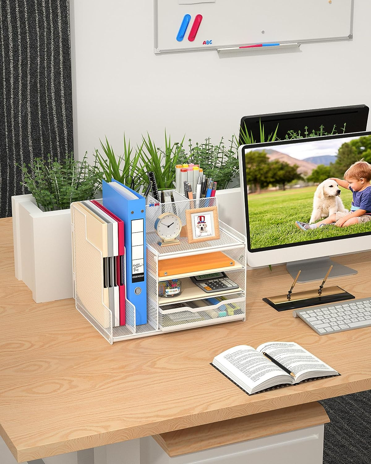 Desk Organizer with Mesh File Holder, 4-Tier Office Supplies Desk Accessories with Sliding Drawers & Pen Holder, Desk File Storage for Office, School, Home, White