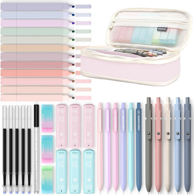 39 PCS Aesthetic School Supplies with Cute Pen Case, 12 Pastel Highlighters, 5 Black Ink Gel Pens, 6 Mechanical Pencils Set 0.5 & 0.7 Mm for Students Stationary College Essentials (Pink)
