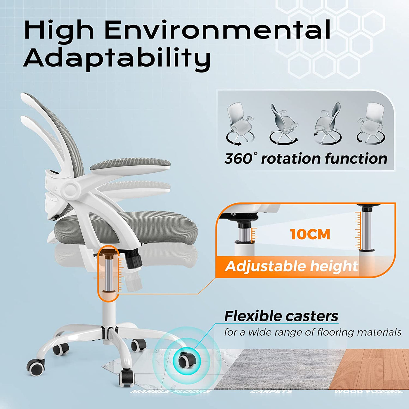 Office Chair, Ergonomic Desk Chair, Mesh Computer Chair Height Adjustable, Comfy Swivel Task Chair with Wheels and Flip-Up Arms