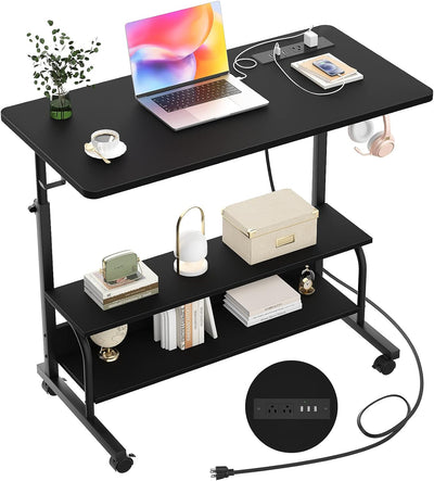 Height Adjustable Standing Desk with Power Outlets, 32" Manual Stand up Desk with Storage Shelves Small Mobile Rolling Computer Desk Portable Laptop Table with Wheels for Home Office, Black