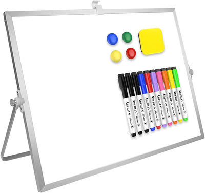 Dry Erase White Board, 16Inx12In Large Magnetic Desktop Whiteboard with Stand, 10 Markers, 4 Magnets, 1 Eraser, Portable Double-Sided White Board Easel for Kids Memo to Do List Desk School