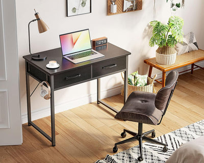 Small Desk with Fabric Drawers- for Bedroom, White Study Desk with Storage, Home Office Computer Desk for Small Spaces, 32 Inch Modern Work Writing Kids Table, Black