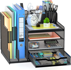 Desk Organizer with Mesh File Holder, 4-Tier Office Supplies Desk Organizers and Accessories with Sliding Drawers & Pen Holder, Desk File Organizer and Storage for Office, School, Home, Black