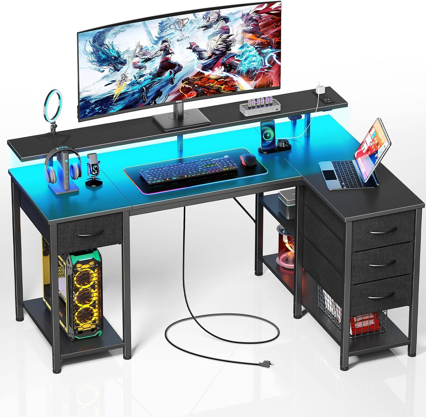 L Shaped Computer Desk with Drawers 47.2 Inch, Gaming Desk with Power Outlets & LED Lights,Reversible Office Desk with Storage Shelves, Corner Desk with Monitor Stand for Black