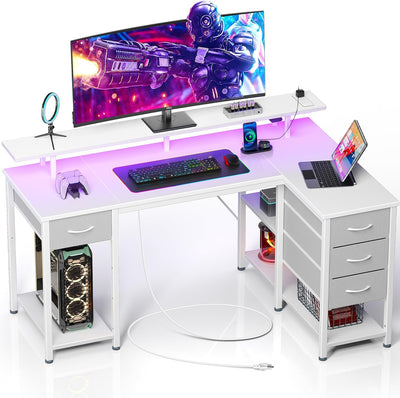 L Shaped Computer Desk with Drawers 47.2 Inch, Gaming Desk with Power Outlets & LED Lights, Reversible Office Desk with Storage Shelves, Corner Desk with Monitor Stand White