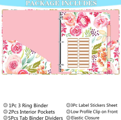 3 Ring Binder 1 Inch, Cute Binder with 5 Tab Dividers, 3 File Folder Labels, and Clipboard Binders with 2 Pockets- Decorative 3 Ring Binder Perfect for School and Office Supplies…